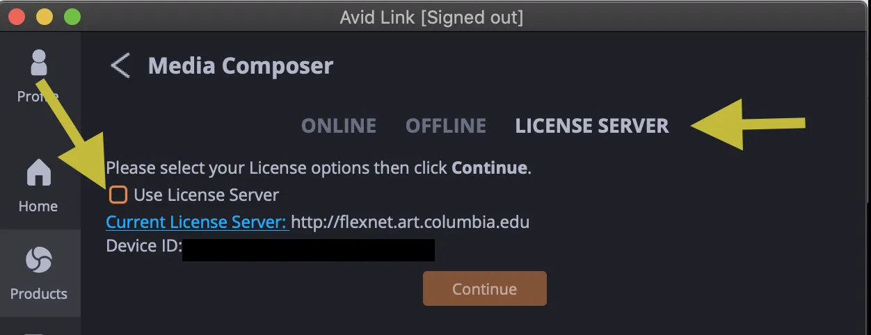Then click on License Server to the right of Online and Offline and tick the box ‘Use License Server’ and then Click Continue.
