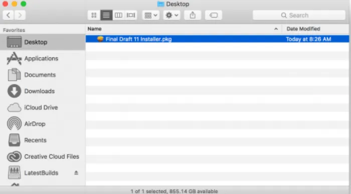 Mac finder with Final Draft package selected.