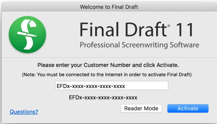 Final Draft activation license dialog box.