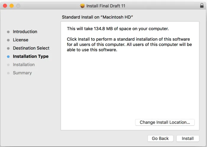 Final Draft installation dialog box.