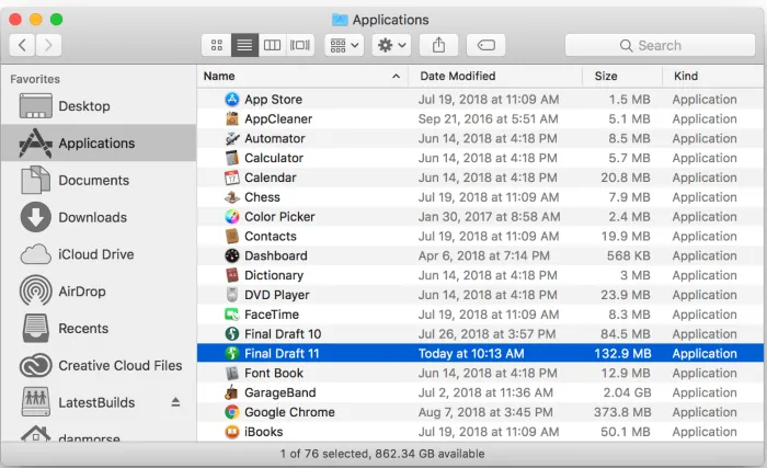 Mac Finder with Final Draft highlighted.